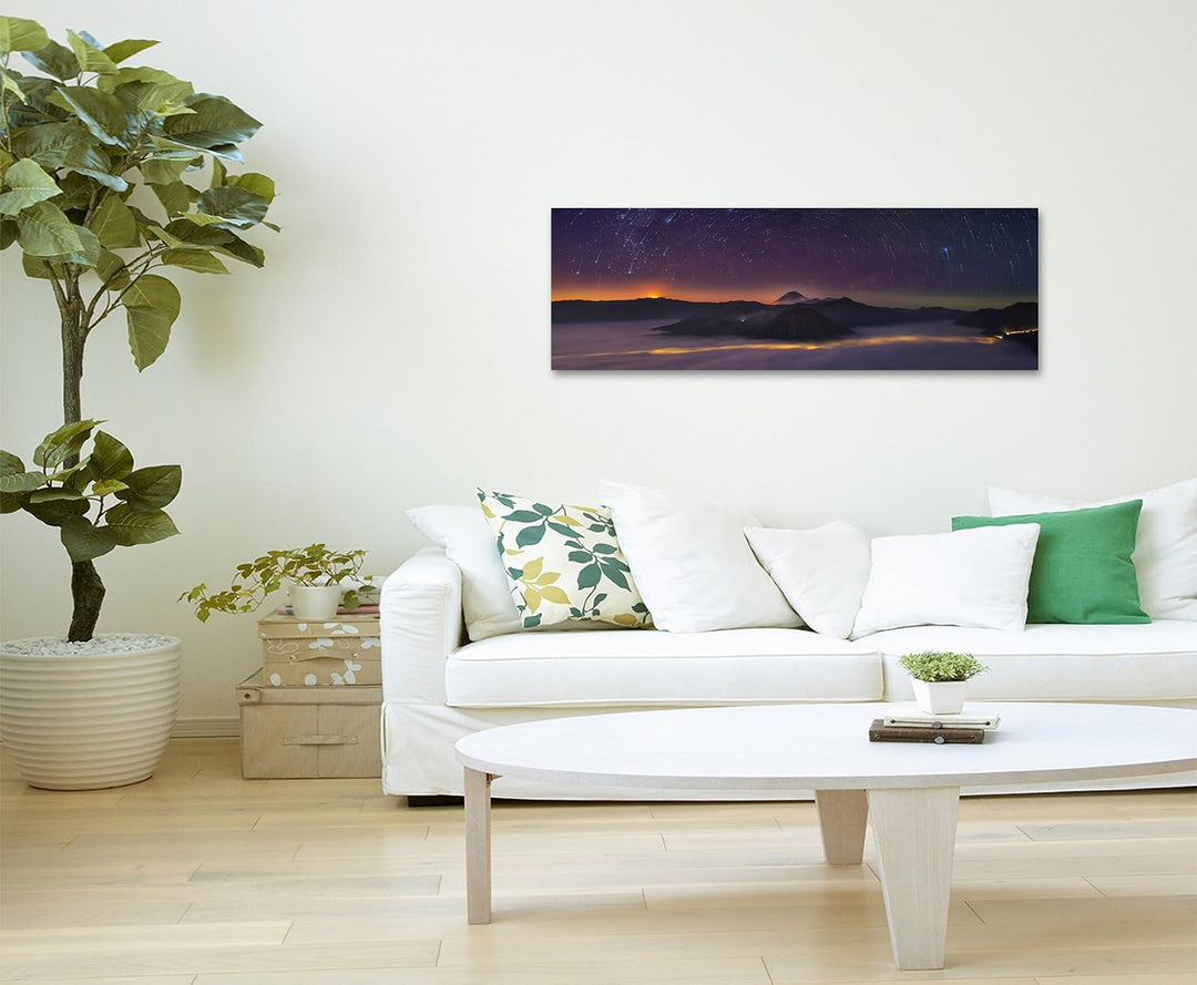 Sinus Art Wandbild 150x50cm Landschaftsfotografie – Sterne und Berge auf Leinwand für Wohnzimmer, Bü