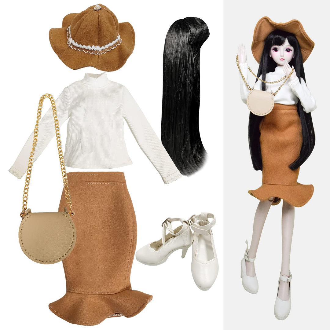 Proudoll 1/3 BJD Puppe Kleidung Outfit Set Handmade stilvolle Langarmshirt, brauner Rock, Hut, Perüc