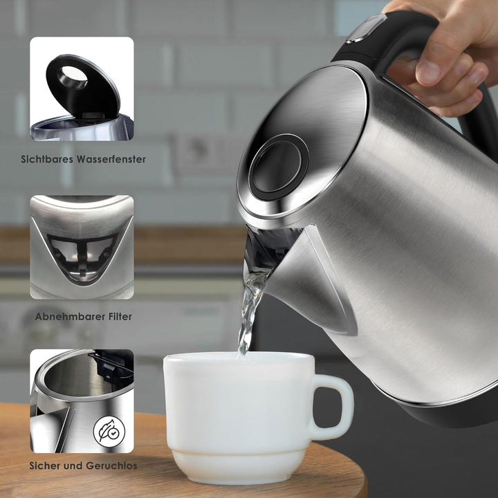 KitchenBoss Wasserkocher 1,7L Wasserkocher Edelstahl：Elektrischer Wasserkocher mit Kalkfilter, Wasse