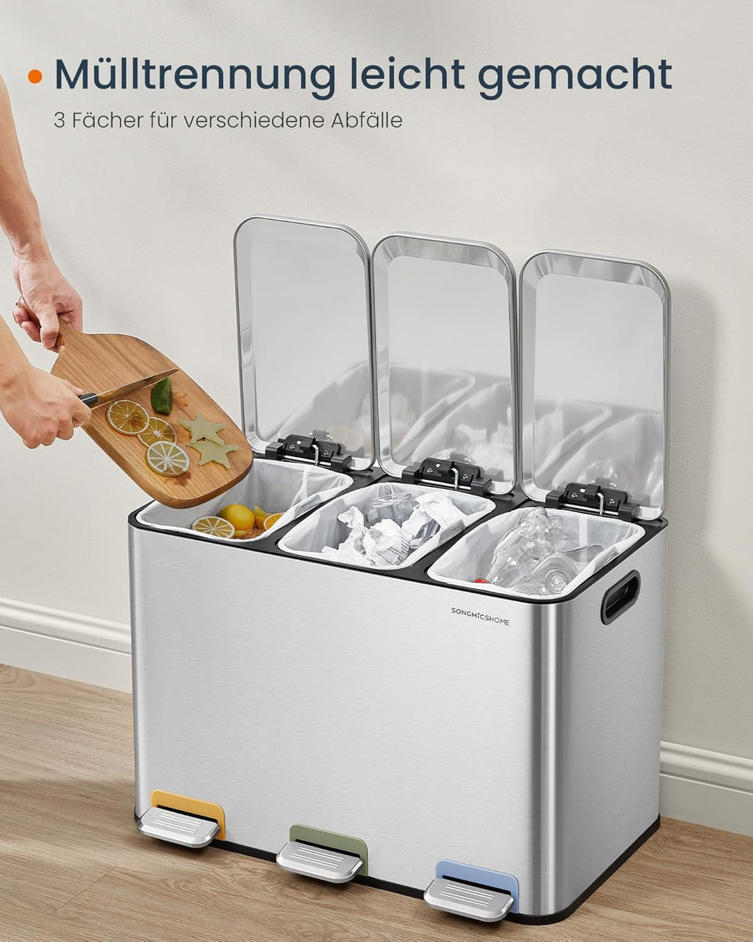 SONGMICS HOME Mülleimer Küche, 3 x 15 L Fächer, Abfalleimer mit farbcodierbaren Pedalen, Mülltrennsy