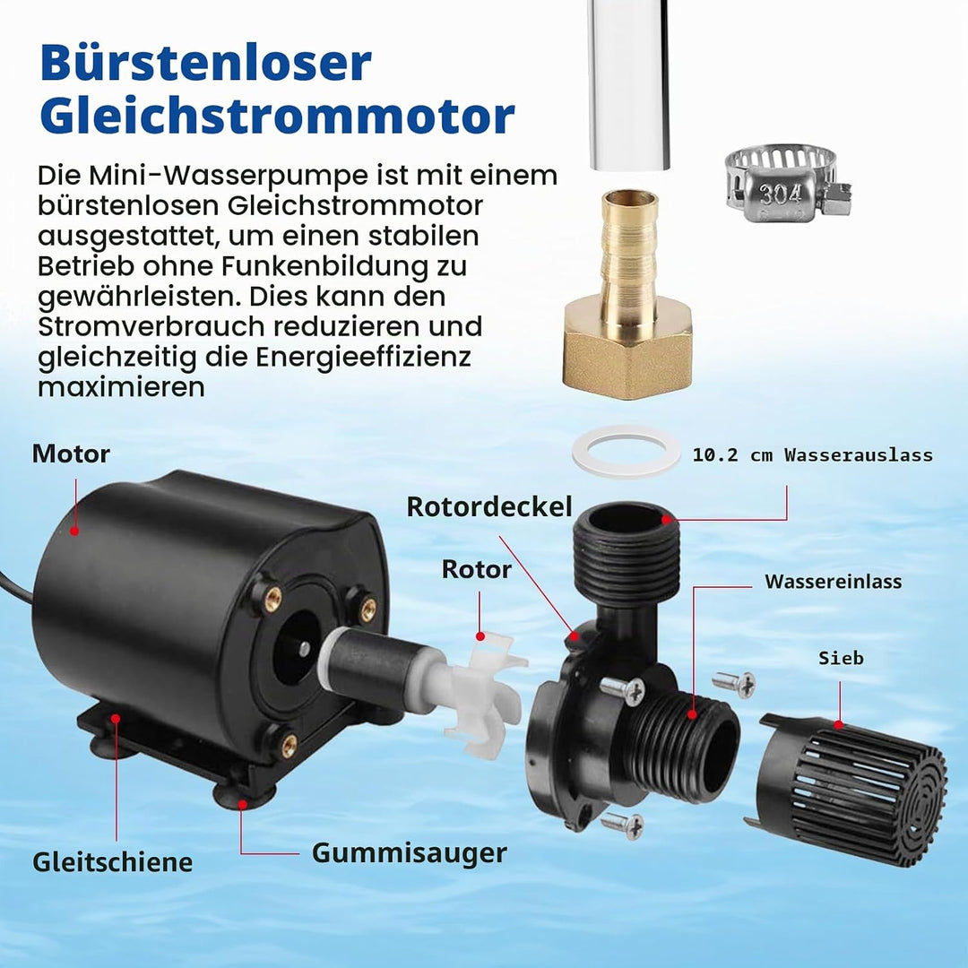 Wasserpumpe 12V, 800l/H 5m Tauchpumpe Brushless Mini Aquarium Pumpe, Springbrunnenpumpe für Teich Ga