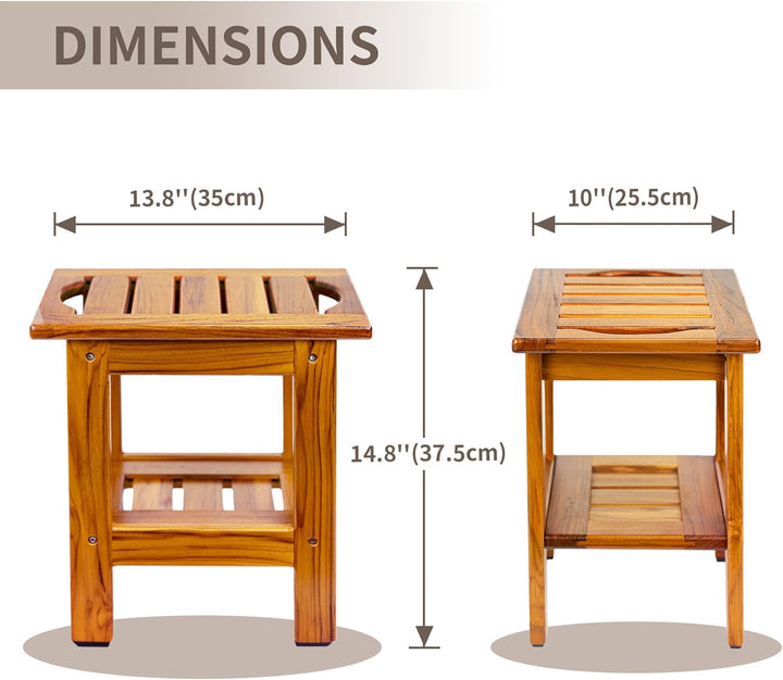 Utoplike Teak-Duschbank, kompakter Duschhocker mit Ablage und Griff, Kleiner zweistufiger Holzsitz m