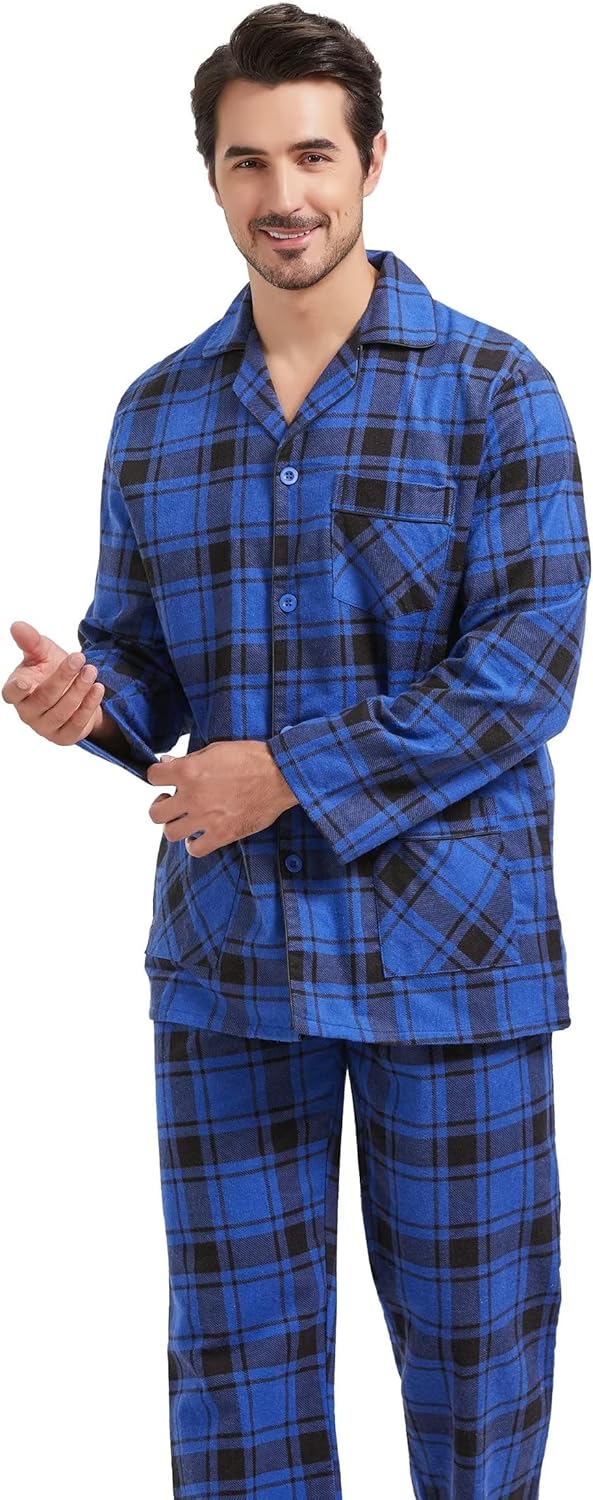 Amaxer Flanell Schlafanzug Herren 100% Baumwolle Pyjama mit Knopfleiste Set Lang Warmer Winter Schla