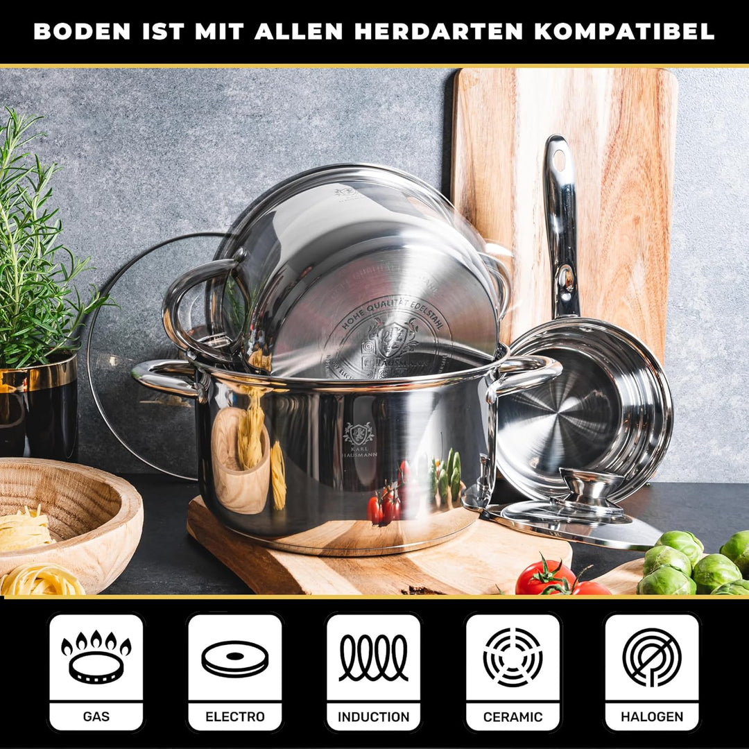 Topfset Induktion 3-teilig, Kochtopf Set mit Glasdeckel, Edelstahl mattiert, Induktions Töpfe Set un