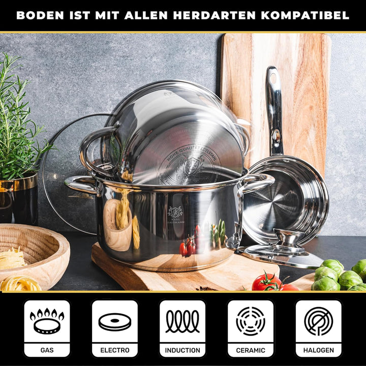 Topfset Induktion 3-teilig, Kochtopf Set mit Glasdeckel, Edelstahl mattiert, Induktions Töpfe Set un
