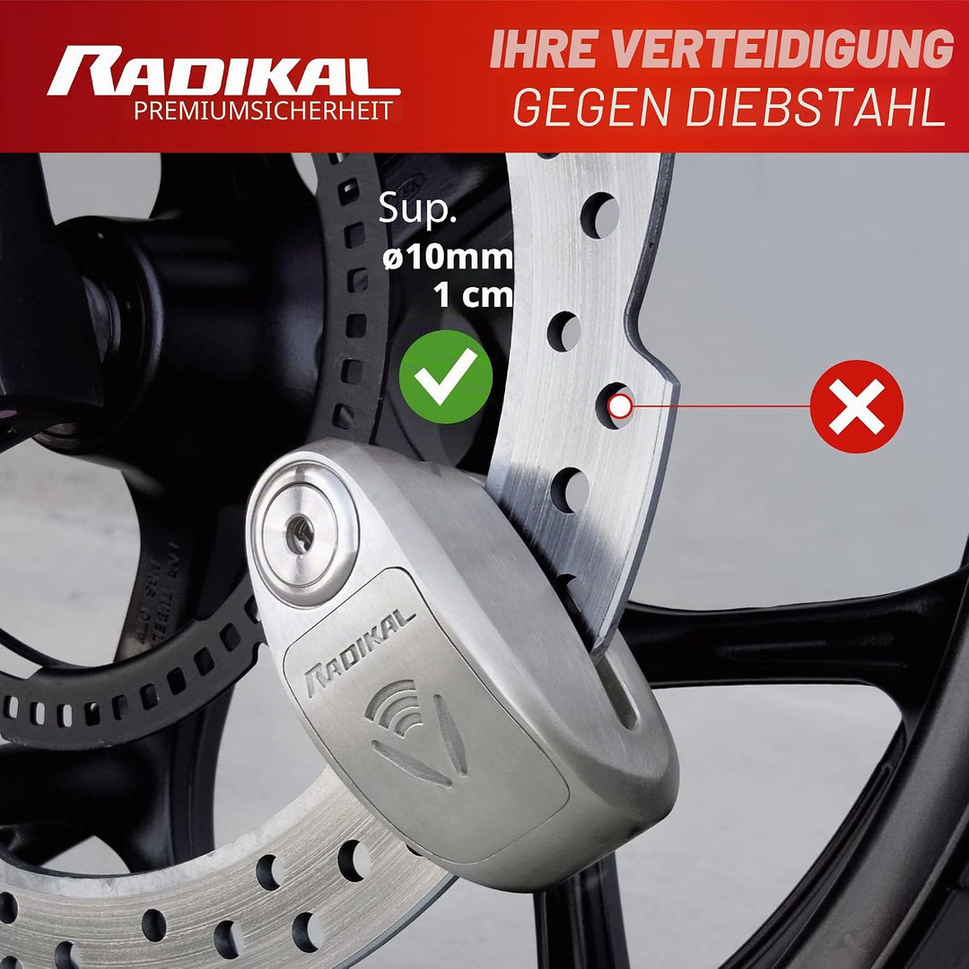 Radikal RK910S Motorrad Bremsscheibenschloss mit Alarm 120 dB, mit CLASE SRA Zulassung, Doppelverrie
