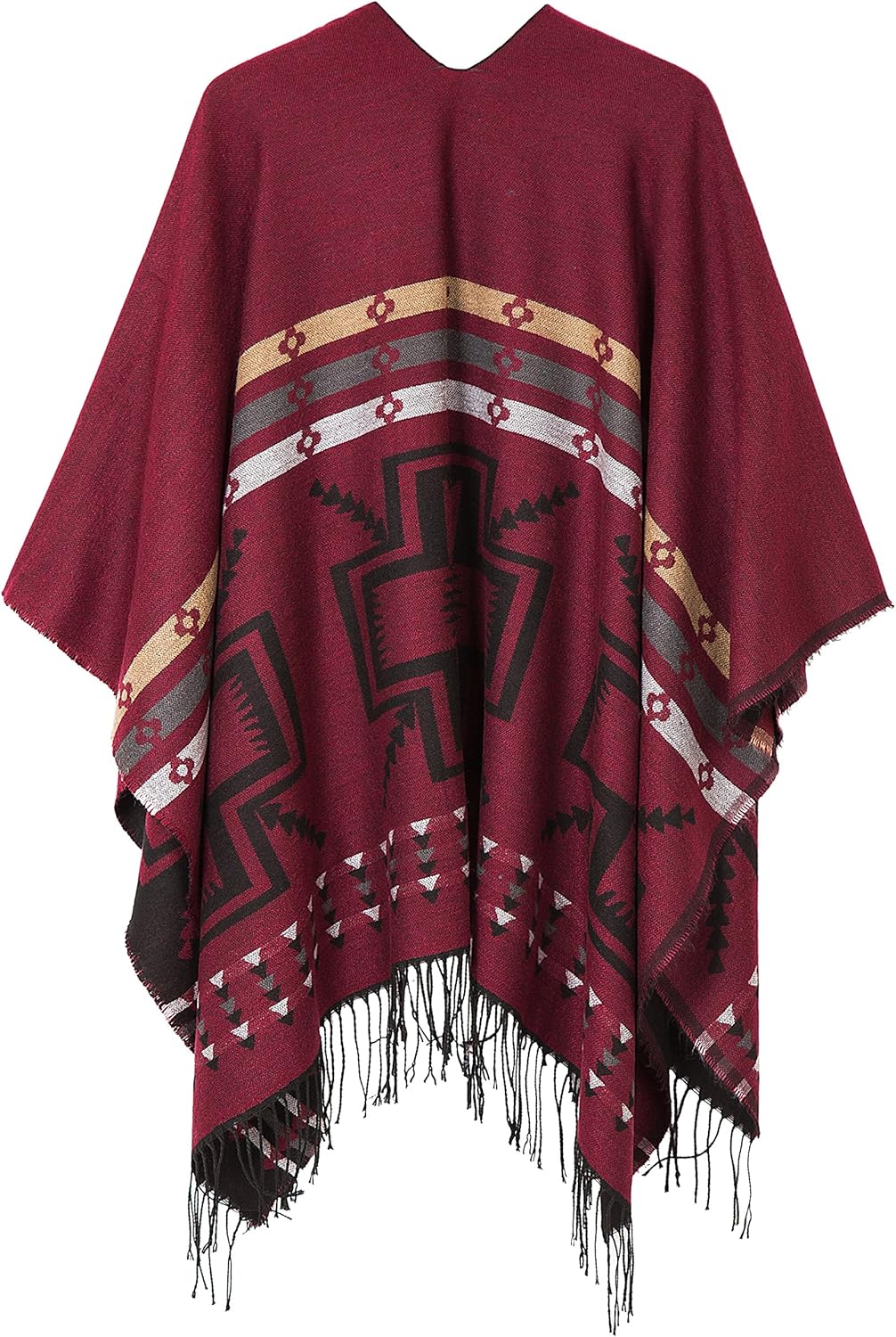 Urban GoCo Damen Poncho Stola Bohe Quaste Schal #1 Rot, #1 Rot