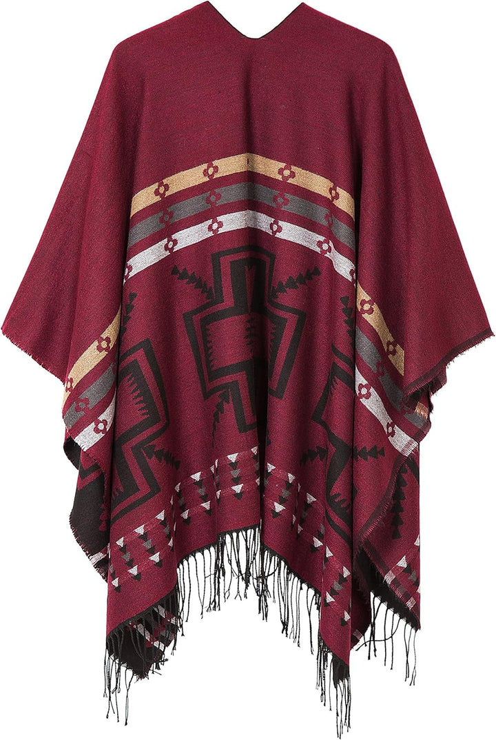 Urban GoCo Damen Poncho Stola Bohe Quaste Schal #1 Rot, #1 Rot