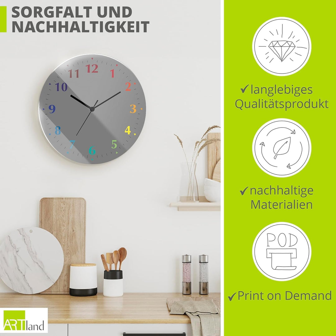 ARTLAND Wanduhr ohne Tickgeräusche aus Glas Quarzuhr Ø 30 cm Rund Lautlos Trendfarbe Grau-Bunt S7KD