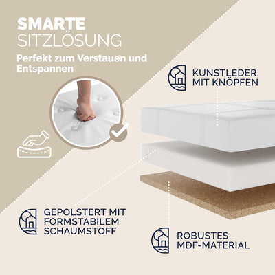 CASARIA® Sitzbank mit Stauraum 80x40x40cm Weiss Faltbar Gepolstert Deckel Kunstleder Stabil 100L Mod