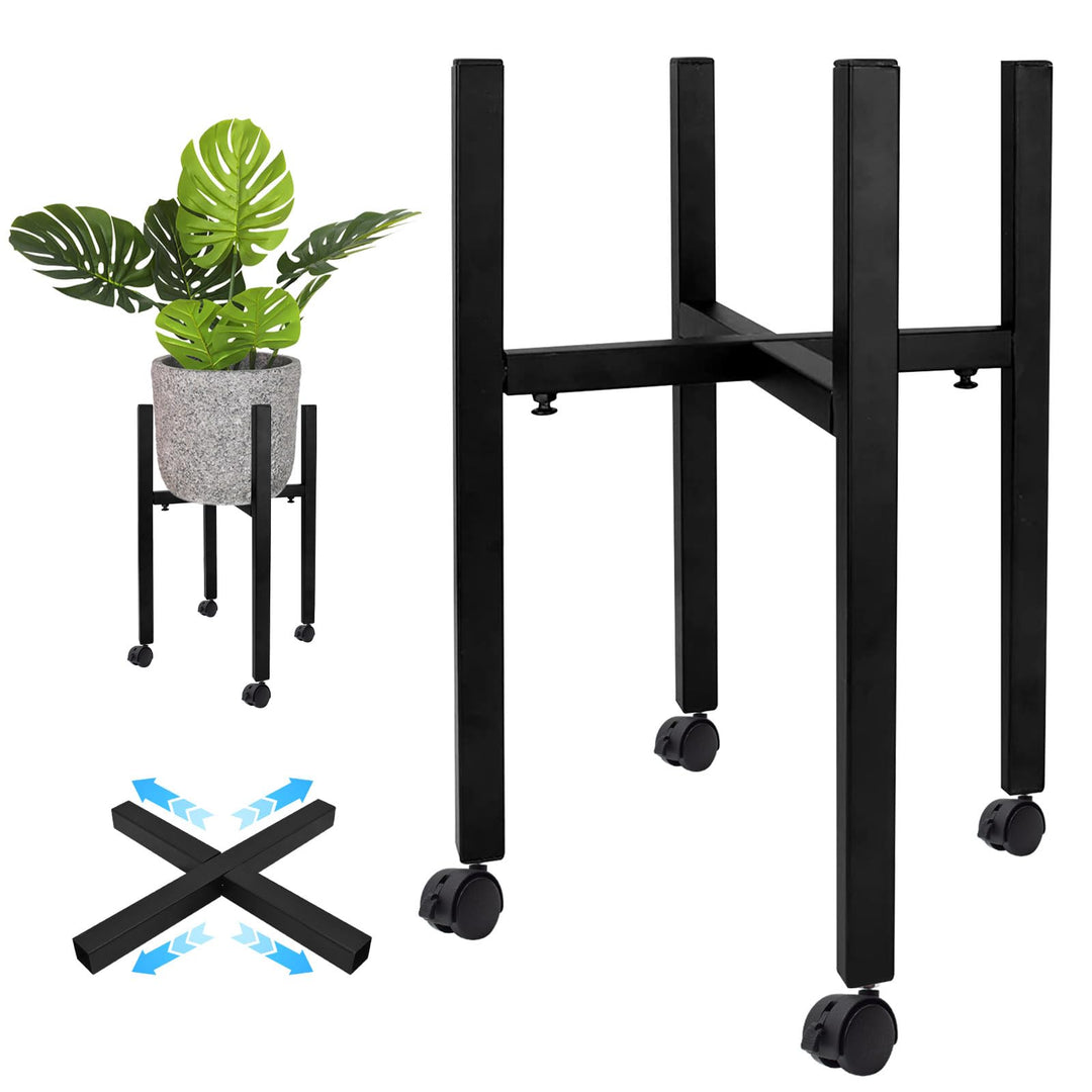 Verstellbarer Pflanzenständer, Blumenständer Metall Schwarz mit 4 Umlenkrollen für 24-38 cm Verschie