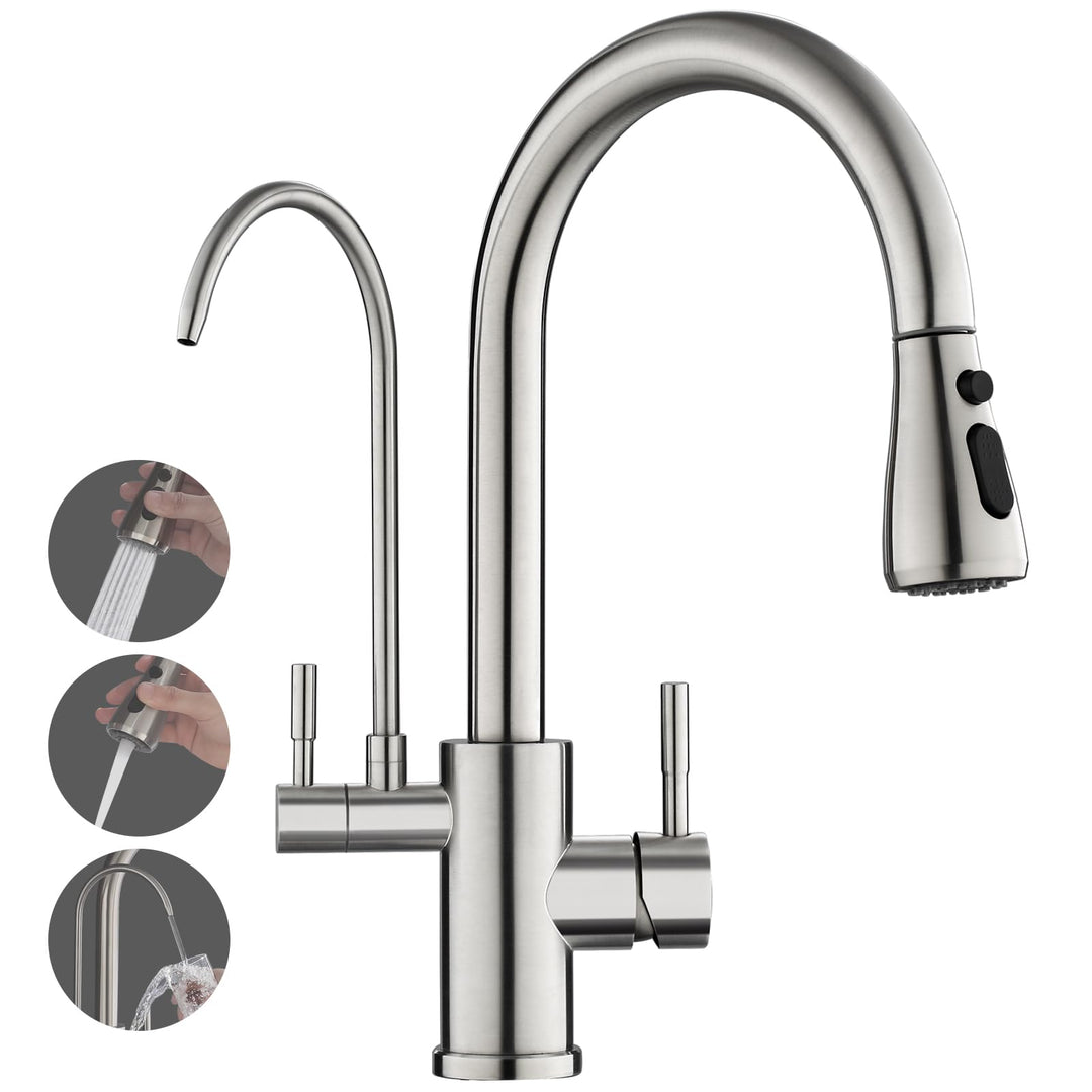 ROVOGO 3 Wege Wasserhahn Küche mit Filter, Hochdruck Küchenarmatur mit Brause Ausziehbar, Doppelhebe