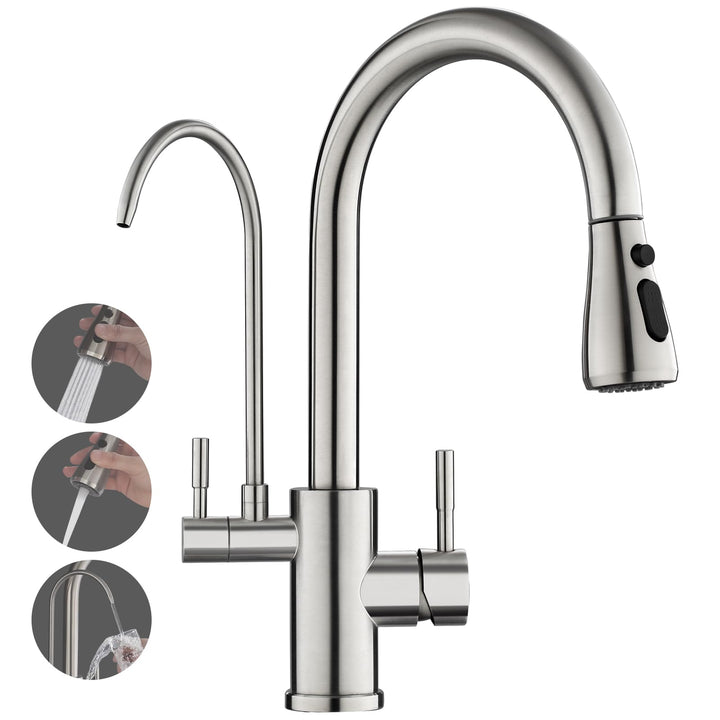 ROVOGO 3 Wege Wasserhahn Küche mit Filter, Hochdruck Küchenarmatur mit Brause Ausziehbar, Doppelhebe