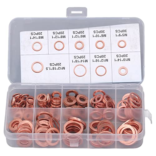 Rotkupfer Ölablassschrauben Unterlegscheiben Set, 200-teilig, 9 Grössen M5-M14, Flach, für Öl-, Wass