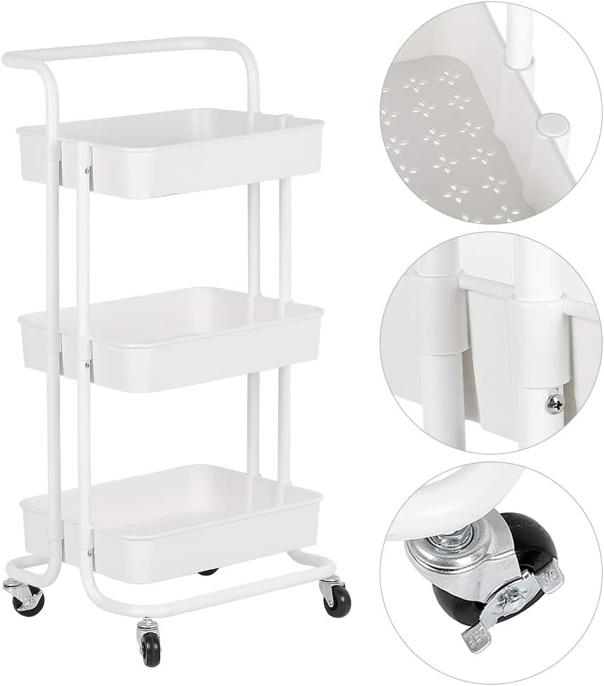 Rollwagen, 3 Etagen, Servierwagen, Küchenwagen für Bad & Büro, Rollregal, Bastelwagen-43 * 36 * 86cm