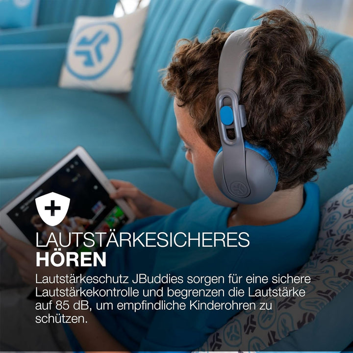 JLab JBuddies Studio 2 Kabellose + verkabelte On-Ear-Kinder-Kopfhörer, Grau/Blau, 65+ Stunden Akkula