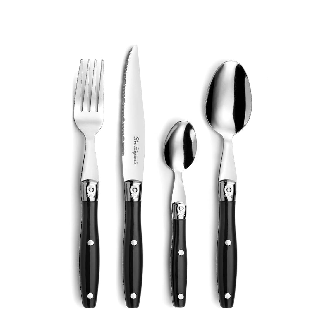 Lou Laguiole Steakbesteck | Steakmesser Set 24-teilig | Besteck für 6 Personen | Schwarz | Wellensch