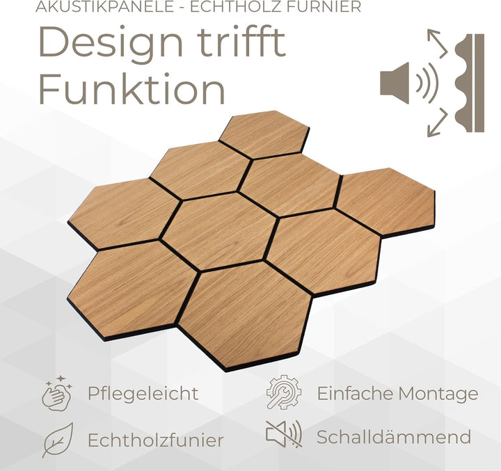 Akustikpaneel Hexagon in Bright Teak - 727x600 mm - mit PET-Filz - 2 Stück, 2 Stück