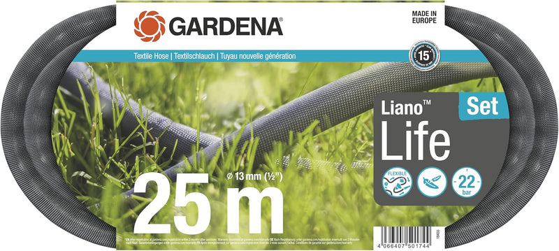 Gardena Liano Life Textilschlauch 1/2 Zoll, 25m Set: Hochflexibler Gartenschlauch aus Textilgewebe,