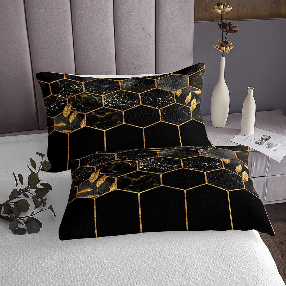 Marmor Tagesdecke Set 220x240, Schwarz Grau Geometrisches Gold Plaid Bettwäsche Set, Modernes Luxus
