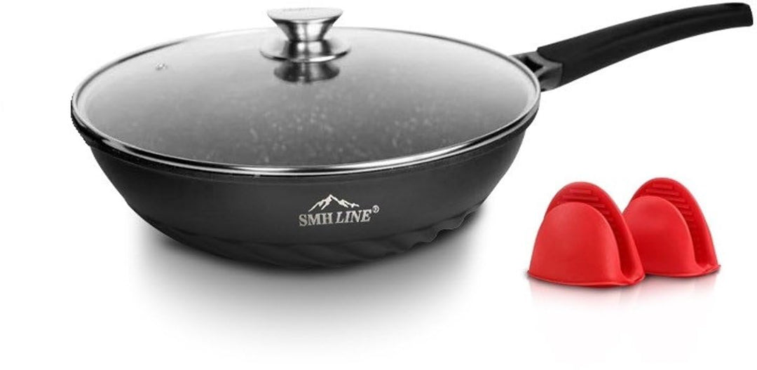 SMHLINE® Wokpfanne induktion, 28cm Wok mit Glasdeckel, Aluminiumguss, Antihaft Bratpfanne Topf, Brat