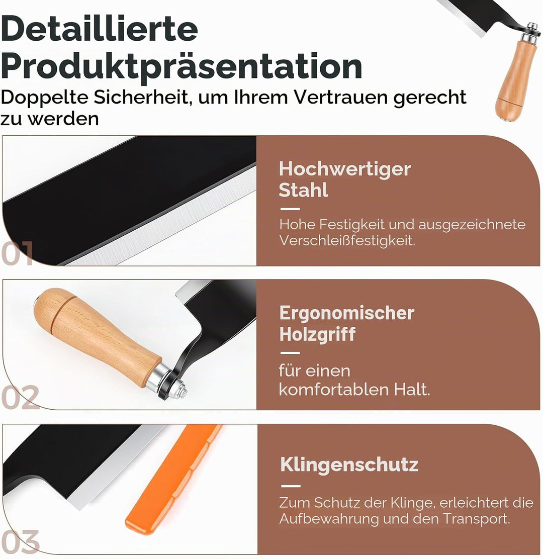 250 mm Zugmesser für Holz, Baumschäler mit komfortabler Holzgriff, Wolframstahl, Schindelmesser, Zus
