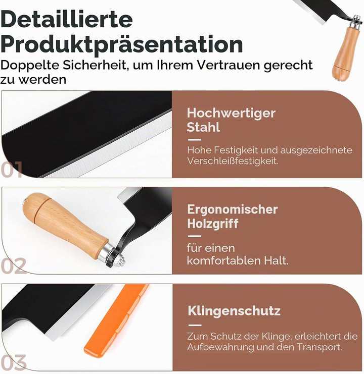 250 mm Zugmesser für Holz, Baumschäler mit komfortabler Holzgriff, Wolframstahl, Schindelmesser, Zus