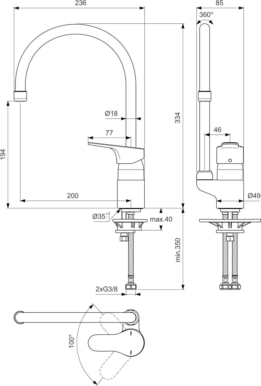 Ideal Standard Cerabase Küchenarmatur, Auslaufhöhe 194 mm, schnelle Installation, wassersparend 9 l/