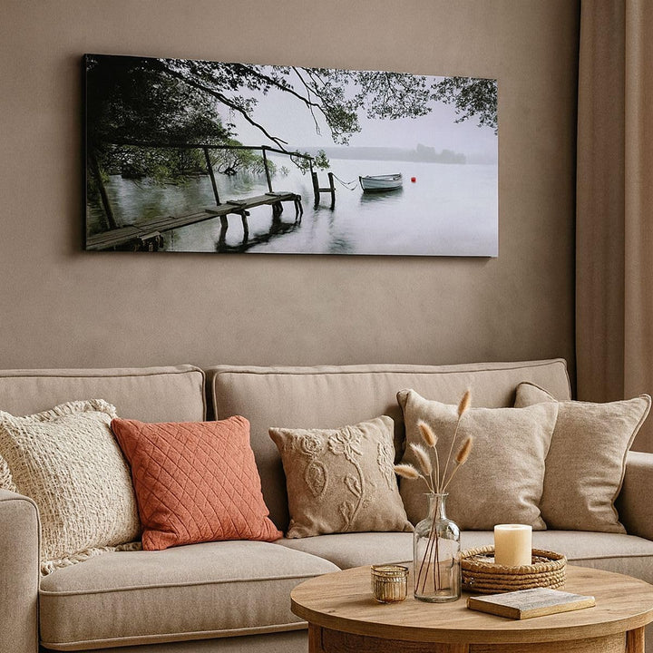 Wandbilder Dekoration Wohnzimmer See Dock Boot Bäume Panorama Bilder auf Leinwand 120x50cm Leinwandb