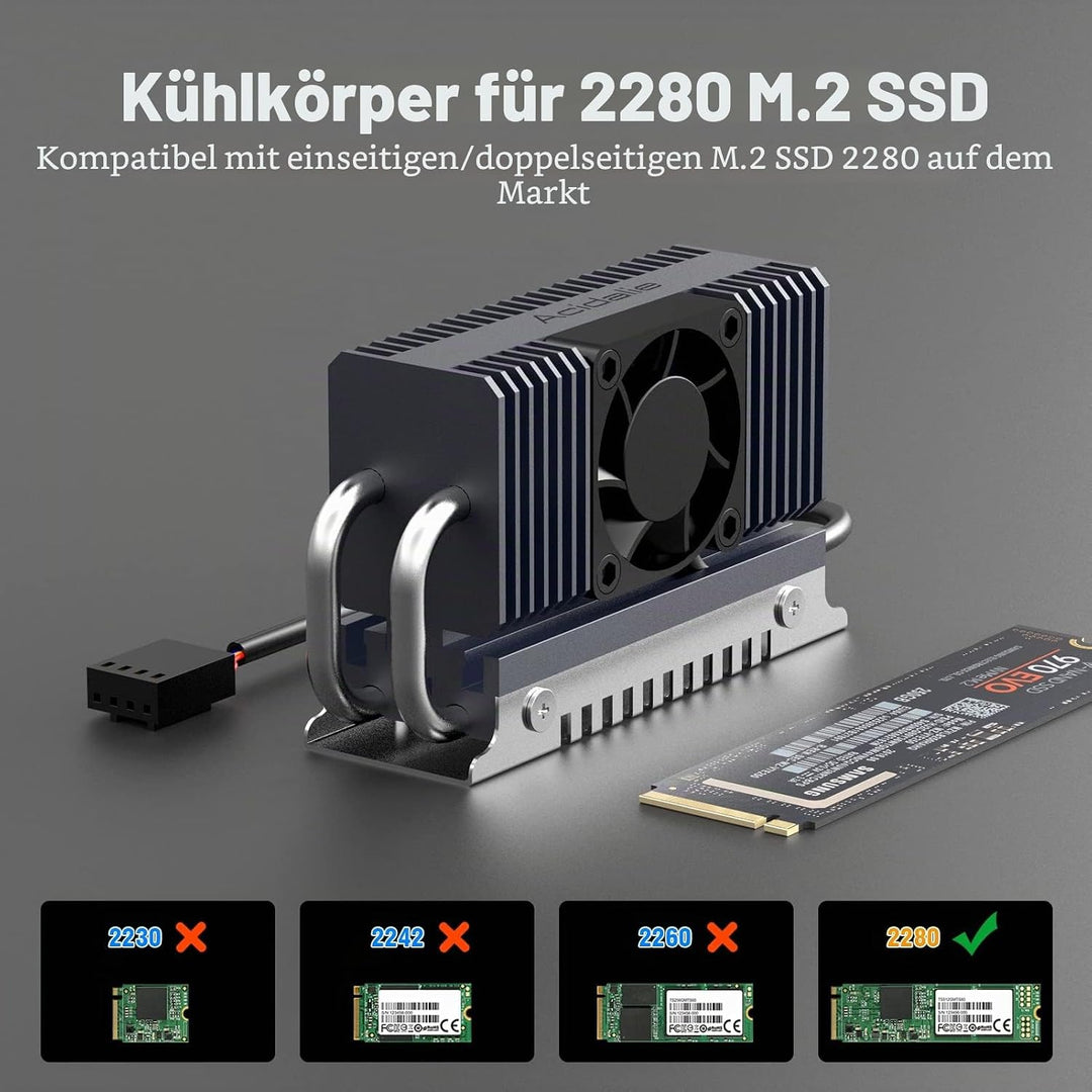 M.2 Kühlkörper, SSD Kühler für PCIe NVMe oder SATA M2 2280 SSD Kühlung mit Lüfter