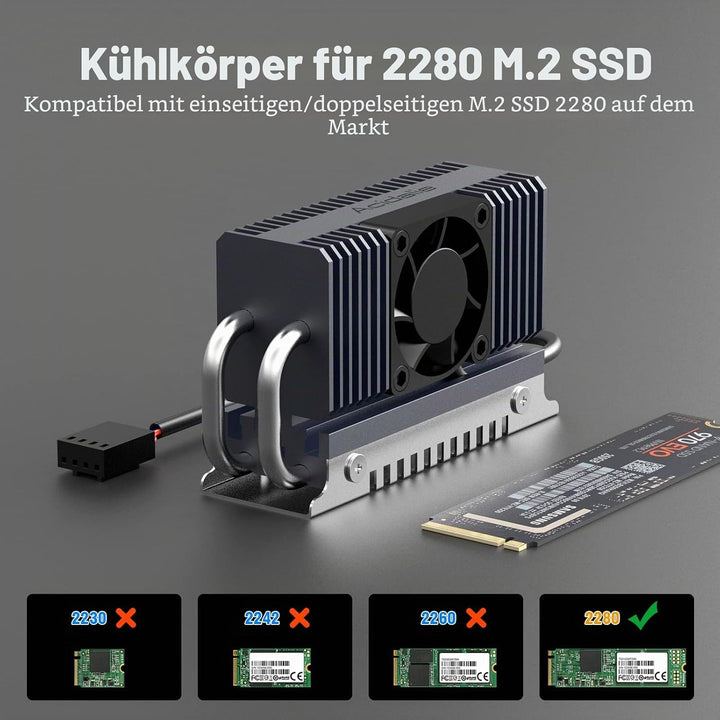 M.2 Kühlkörper, SSD Kühler für PCIe NVMe oder SATA M2 2280 SSD Kühlung mit Lüfter