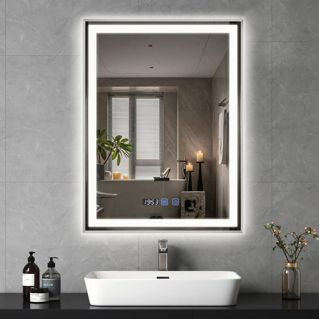 YOURLITE Badspiegel mit Beleuchtung 60x80cm, LED Spiegel Bad mit Uhr, 3 Lichtfarben Dimmbar, Badezim
