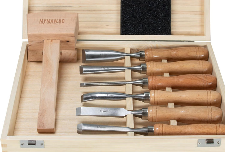 Schnitzeisensatz 7-tlg Schnitzwerkzeug mit Klüpfel Schnitzeisen Stechbeitel Holz