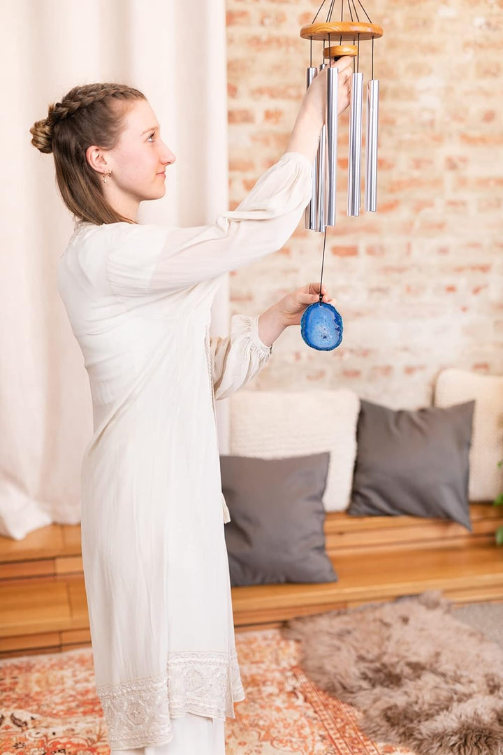 Sonic Energy Blue Agate Meditation Chime – Windspiel mit Achat Stein und 6 Klangstäben (432 Hz) – fü