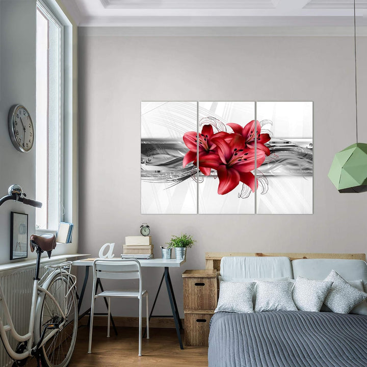 Runa Art Wandbilder Blumen Lilien Bild XXL Wohnzimmer Schlafzimmer Grau Rot Abstrakt 120 x 80 cm 3 T