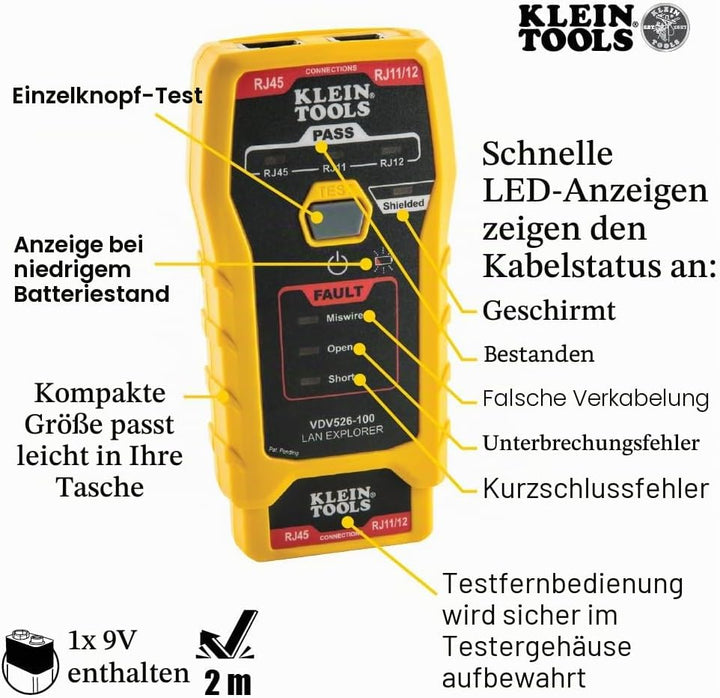 KLEIN TOOLS Netzwerkkabel-Prüfgerät, LAN Explorer™ Datenkabel-Prüfgerät mit Remote-Einheit RJ45 and