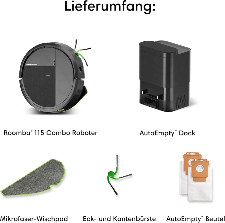 iRobot Roomba® 115 Combo Saug- und Wischroboter + AutoEmpty™ Dock, 15k Pa Saugleistung, Bürsten und