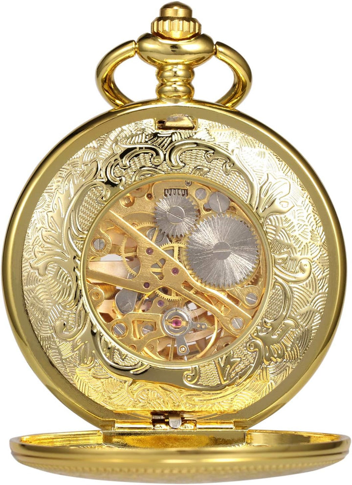 TREEWETO Unisex Taschenuhr mit Kette Analog Handaufzug Doppelscharnier Adler Skelett Römische Ziffer