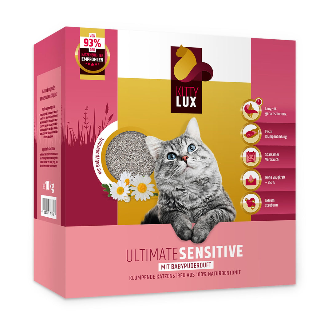 klumpende Katzenstreu Ultimate Sensitive 2x10kg mit Babypuderduft für Sensible Katzen, Klumpstreu 10