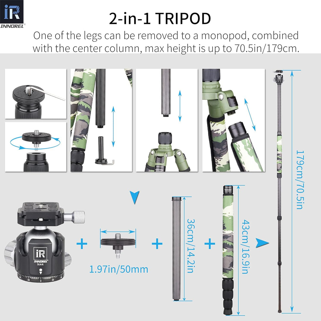 INNOREL RT75CG Kohlefaser-Stativ 172cm 2-in-1 Dreibeinstativ Einbeinstativ Fachmann Schwerlast Kamer