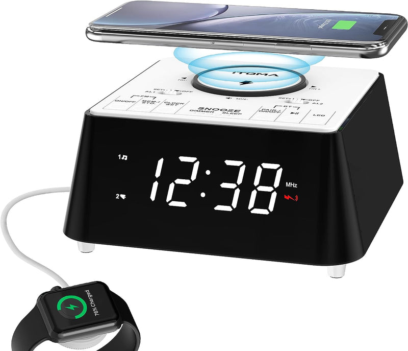iTOMA Radiowecker mit USB-Ladegerät, Bluetooth-Lautsprecher, Nachttisch FM Radio, Dual Alarm mit Sno