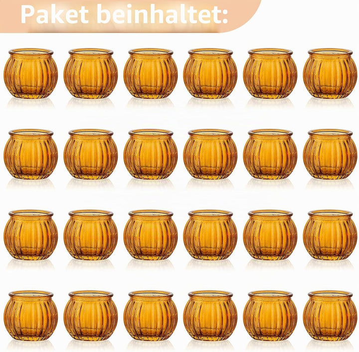 NUPTIO Teelichthalter Teelichtgläser Kürbis Glas - 24 Stück Bernstein Votivkerzenhalter Weihnachten