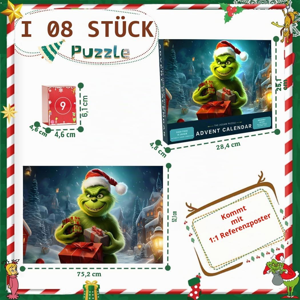 Adventskalender Grinch Puzzles für Kinder und Erwachsene, 24er-Box mit 1008 Teilen, Weihnachtspuzzle