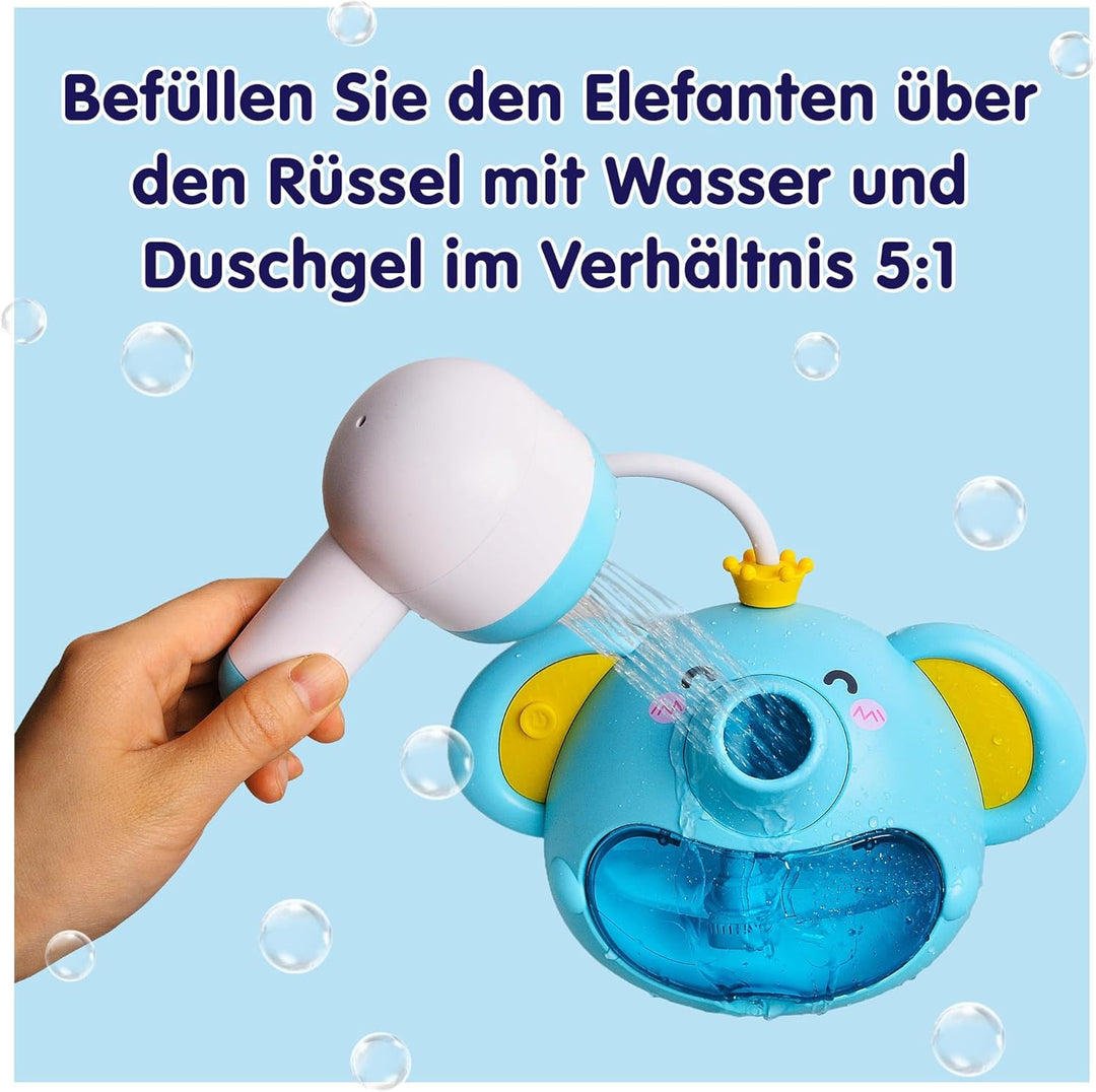 SPITZER TOYS Schaum-Elefant mit Babydusche, Badespielzeug mit Seifenblasen &amp; Musik, Badewannenspielz