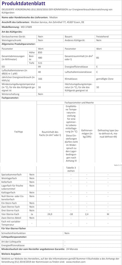 MEDION Mini Kühl-Gefrierkombination (85 Liter, 61L Kühlteil, 24L Gefrierteil, freistehend, 40 dB, tr