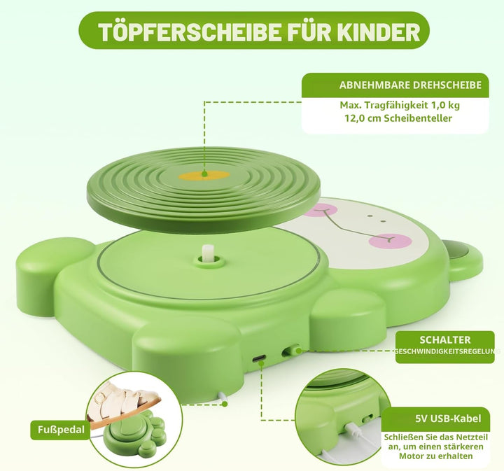 Töpferset für Kinder, Mini Töpferscheibe Elektrisch mit 3 Packungen Ton, Farbe, Zeichenwerkzeuge, Sc