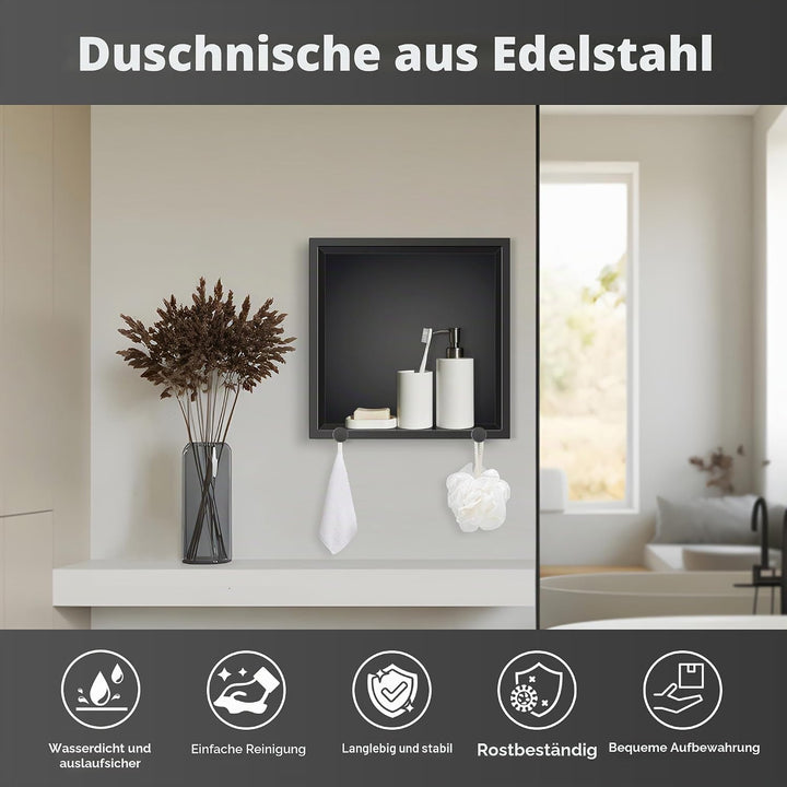 FTL Wandnische Dusche with Hooks 30x30x10cm,Duschnische aus 304 Edelstahl,Keine Fliesen Erforderlich