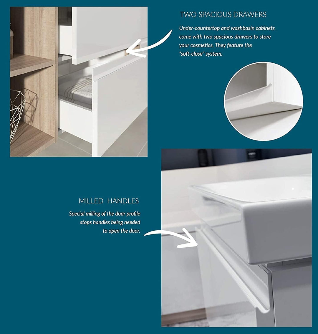 VBChome Badmöbel 50 cm Weiss mit Armatur und Pop-up ventil Waschbecken mit Unterschrank hängend häng