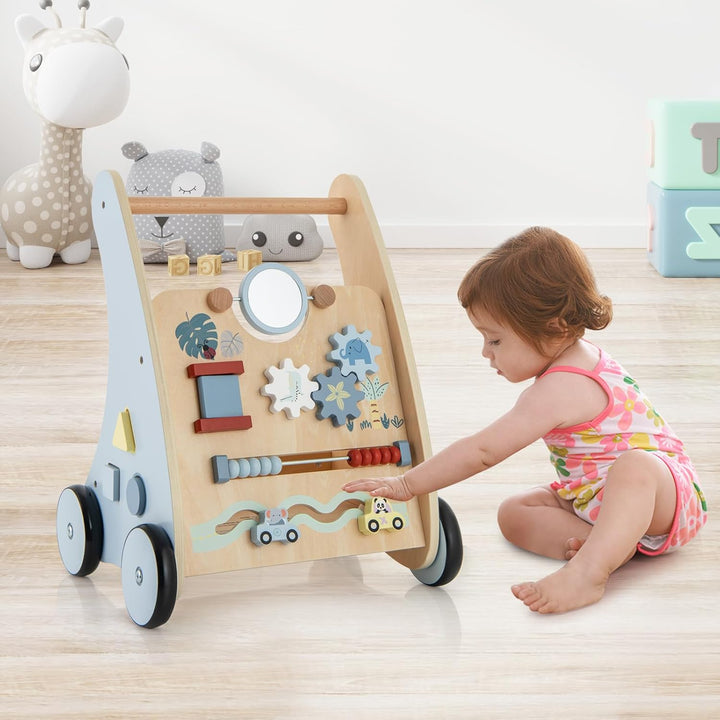 GOPLUS 2 in 1 Lauflernwagen, Lauflernhilfe Holz mit interaktiven Elementen, Hintere Ablage, Montesso
