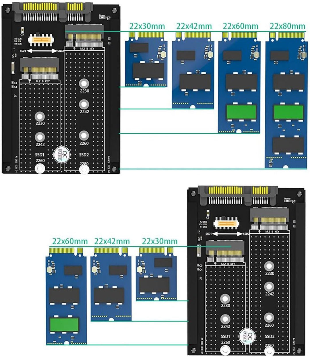 Elprico M.2 SSD auf 2,5 Zoll SATA Adapterkarte, Dual NGFF B M Key M.2 SSD Karte, 2,5 Zoll SATA Combo
